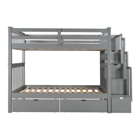 Full Over Full Bunk Bed with Shelves and 6 Storage Drawers- Gray- Online Orders Only