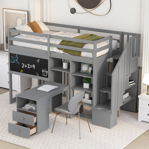 Twin Size Loft Bed with Pullable Desk and Storage Shelves,Staircase and Blackboard, Gray- Online Orders Only