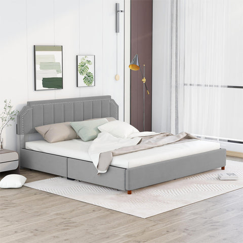 King Size Upholstery Platform Bed with Four Storage Drawers,Support Legs- Grey