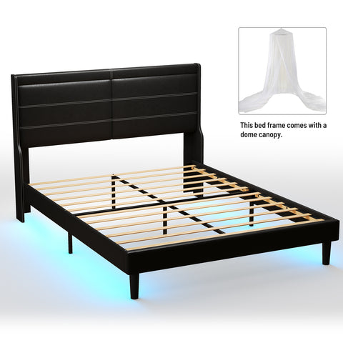 Stylish Queen Size PU Leather Upholstered Bed Frame Platform Bed with Lights Stitched Wing-backed Headboard Strong Wooden Slats Bed Canopy No Box Spring Needed Black