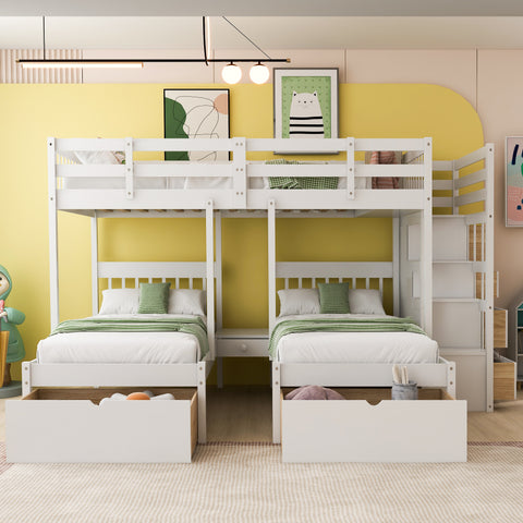 Full Over Twin & Twin Bunk Bed, Wood Triple Bunk Bed with Drawers and Guardrails- White- Online Orders Only