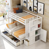 Twin over Twin/Full Bunk Bed, Convertible Bottom Bed, Storage Shelves and Drawers, White