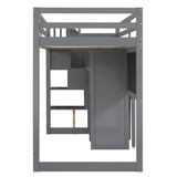 Twin Size Loft Bed with Pullable Desk and Storage Shelves,Staircase and Blackboard, Gray