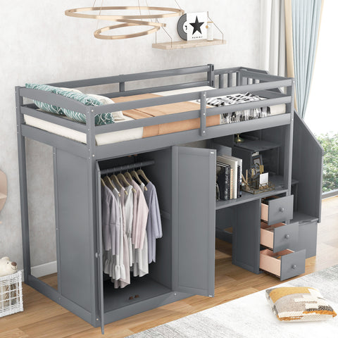 Twin Size Loft Bed with Wardrobe and Staircase, Desk and Storage Drawers and Cabinet in 1- Gray- Online Orders Only