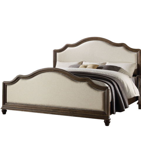 Queen Bed in Beige Linen & Weathered Oak