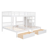 Full Over Twin & Twin Triple Bunk Bed with Drawers and Guardrails - Classic White