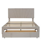 Queen Size Storage Bed Velvet Upholstered Platform Bed with a Big Drawer - Beige