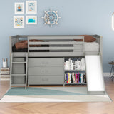 Twin Low Loft Bed with Attached Bookcases, Separate 3-tier Drawers, Convertible Ladder and Slide- Gray