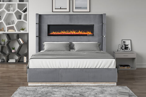 Lizelle Upholstery Wooden Queen Bed with Ambient lighting in Gray Velvet Finish
